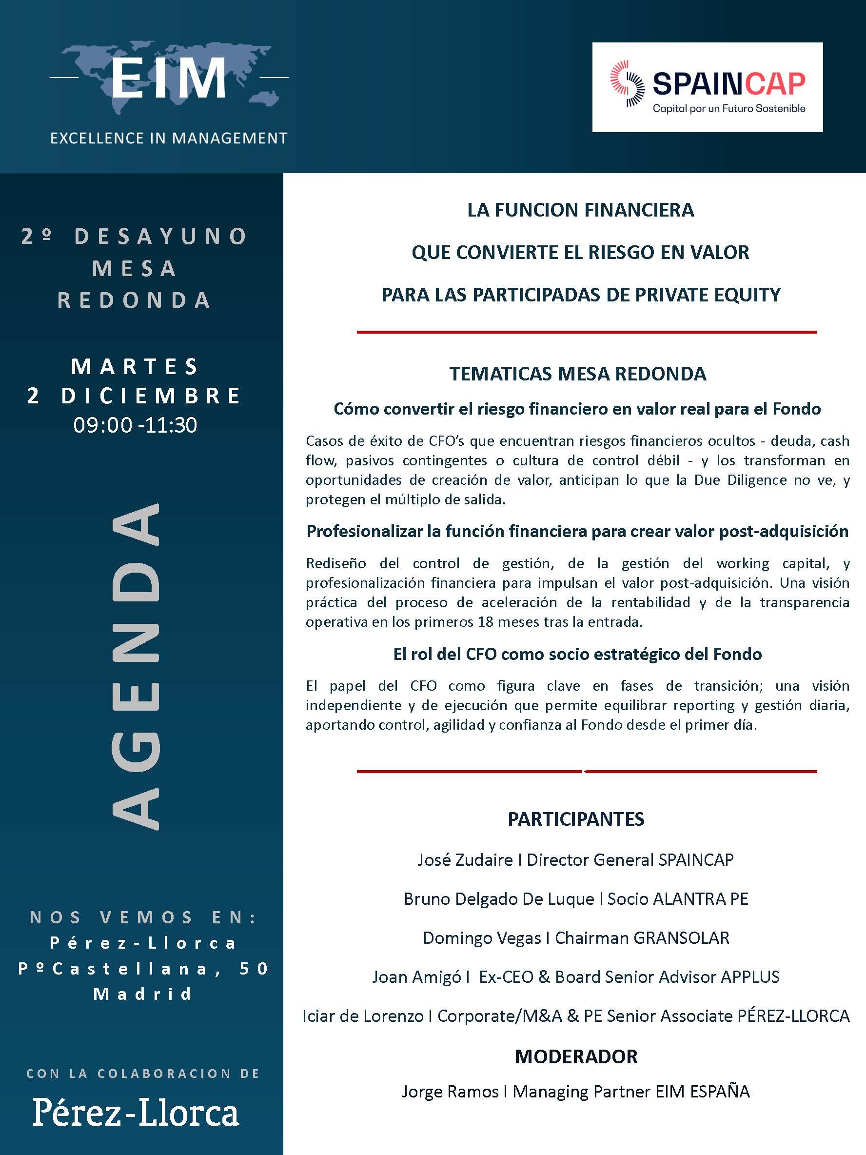 Desayuno SpainCap-EIM: "La función financiera que convierte el riesgo en valor para las participadas de Private Equity"